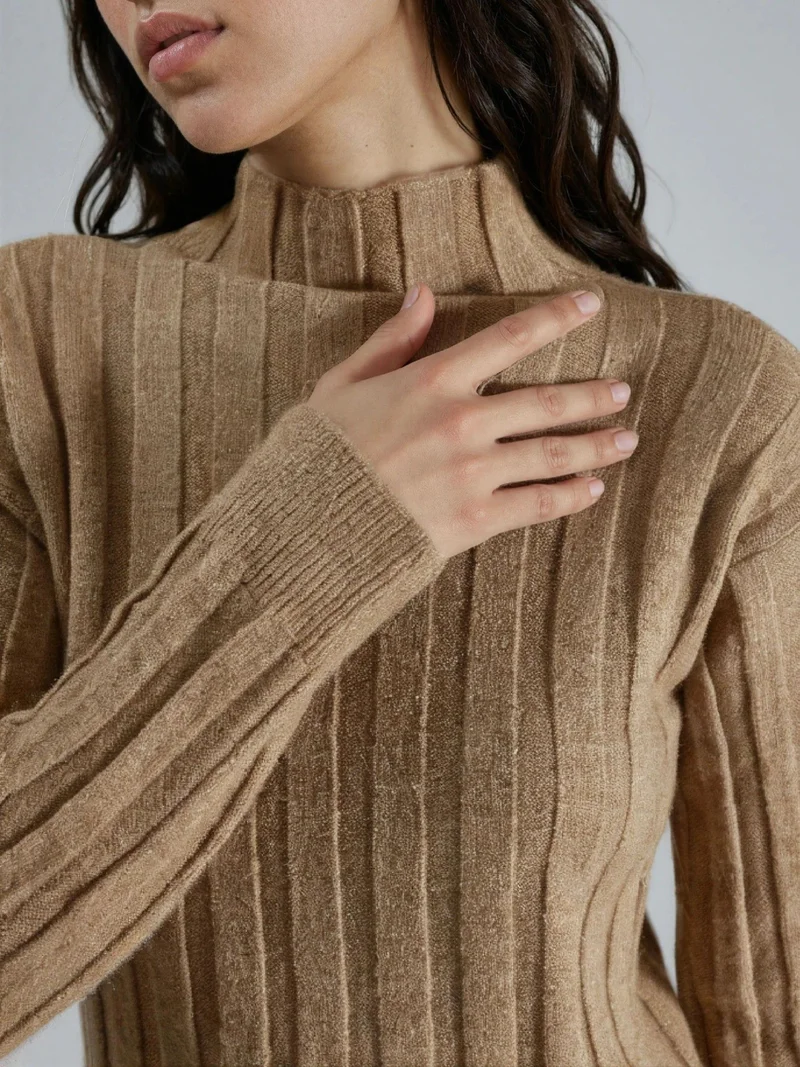 MY FASHION Camel Brown MY FASHION Ribbed Turtleneck Mini Knit Dress for Women | Best Price UAE